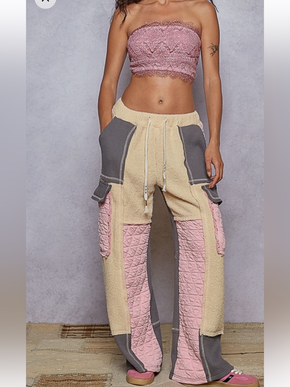 POL Mixed Media Patchwork Wide-Leg Cargo Pants